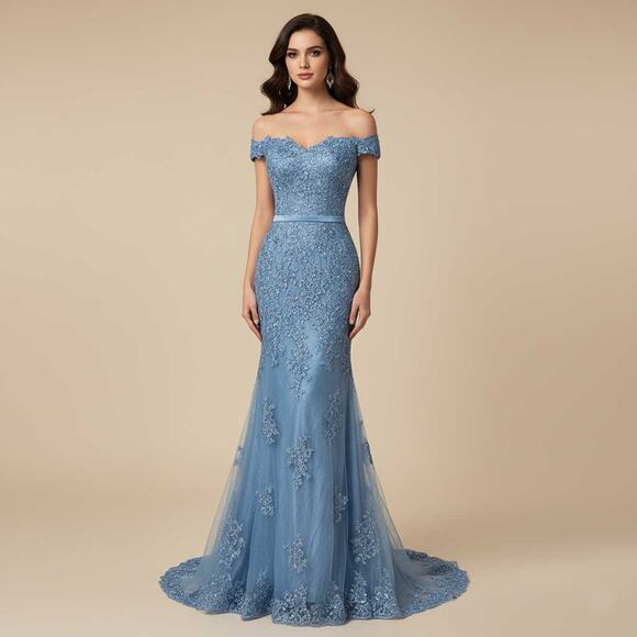 New Size 8 Dusty Blue Maxi Fitted Lace Prom Evening Dress XH1063 - Picture 1 of 2